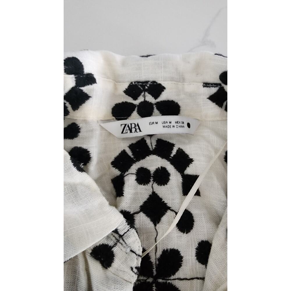 ZARA Scallop Hem Button Up Shirt & Short Set Contrast Embroidery Size Medium - Picture 9 of 15
